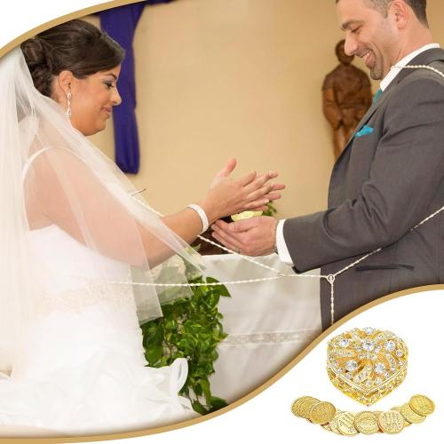 Wedding Arras Coins Set - Gold Heart Shaped Box with 13 Virgen of Guadalupe Coins, Arras De Boda Cristiana, Wedding Accessories for Ceremony