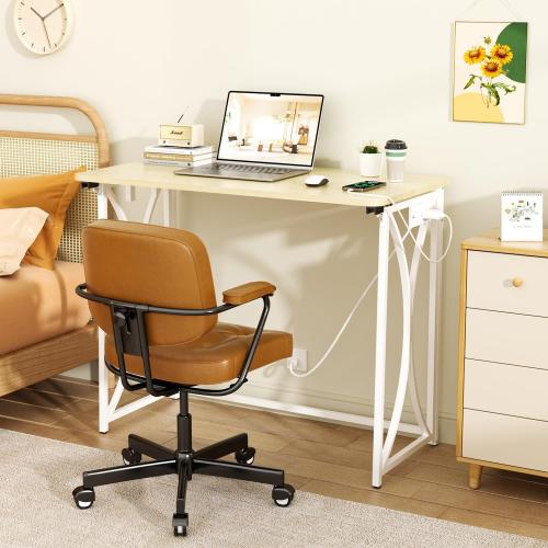 Folding Table, 31.5 Small Desk for Bedroom with Power Outlet, Space Saving Foldable Computer Desk for Home Office, Easy Assembly, Beige