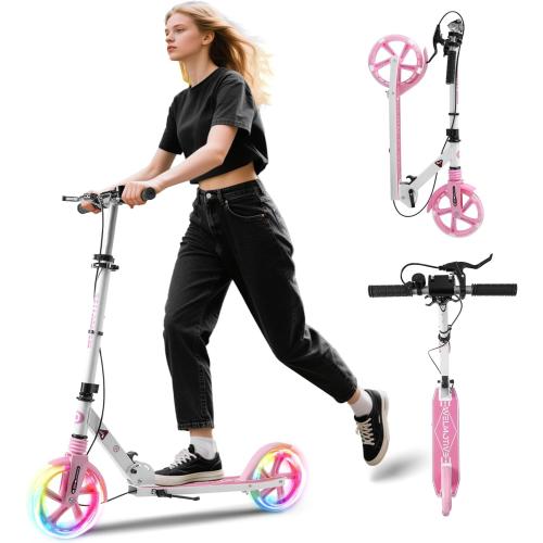 Color Pink Kick Scooter for Kids Ages 8  Teens & Adults, with Front handbrake and Rear Brake, and Adjustable Handlebars, Big Sturdy PU Flash Wheels Great Gift & Toy
