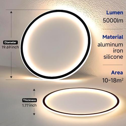 AOMEI 20-inch Round 3CCT Adjustable Ceiling Light - 50W 3000K/4000K/6000K Full Spectrum Flush Mount for Nursery & Wardrobe (Black)