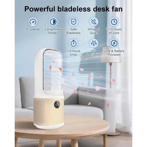 Beige Desk Fan, Small Quiet Bladeless Fan with 9 Speed Adjustment & 3 Light Modes, 14 Inch USB Rechargeable with 5000mAh Battery, 60° Oscillating Cooling Fans for Office, Living Room, Bedroom