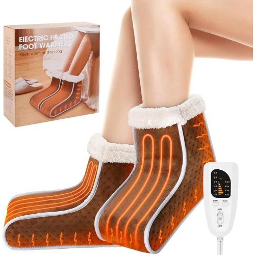 Split Electric Foot Warmer, Quick Heating Pad for Feet, 6-Level Heated Slippers for Men Women, Soft Heated Boots, Feet Warmer with Detachable Washable Liner for Home