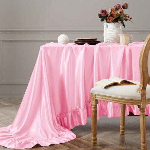 Vonty Ruffle Tablecloth Pink Satin Tablecloth - 60 x 102, Silky Table Cloth Rectangle Scalloped Table Cloth Farmhouse Tables Cover Silk Tablecloths Vintage Tables Skirt for Kitchen Dining