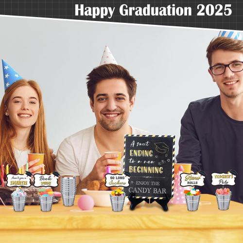 12 Silver Buckets Nuogo Graduation Candy Buffet Set Include 12 Mini Metal Bucket with Handles 1 Candy Buffet Table Sign with 1 Stand Grad Candy Bar Party Dessert Food Decoration