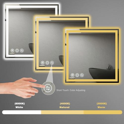 Memobarco LED Bathroom Mirror 24x 24 with Frontlit and Backlit, Anti-Fog Bathroom Vanity Mirror,Stepless 3 Colors Temperature & Dimmable Wall Mounted Mirror,Memory Tempered Glass Mirror for Bathroom