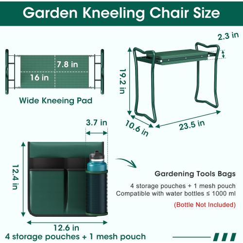 2-in-1 Garden Kneeler with Umbrella, Garden Kneeling Bench & Green Umbrella, Portable Garden Stool Loads Capacity 330lb and Garden Tools Bag with bottle holder, Gardening Gifts for Women,Men,Seniors