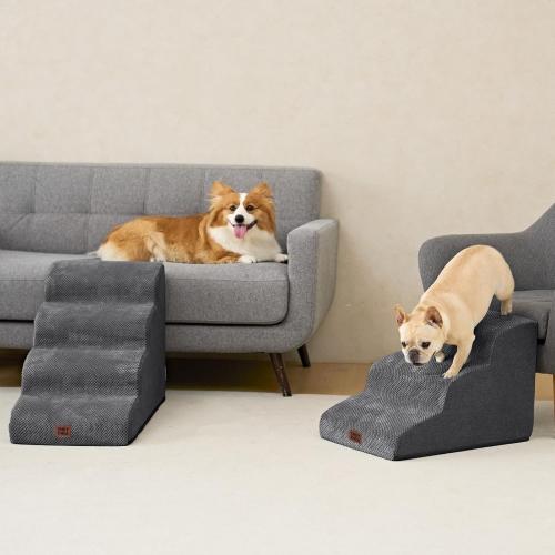 EHEYCIGA Curved Dog Stairs Ramp for Small Dogs 15.7 H, 3-Step Dog Steps for Couch Sofa and Chair, Pet Stairs for Cats, Non-Slip Balanced Pet Steps Indoor, Grey