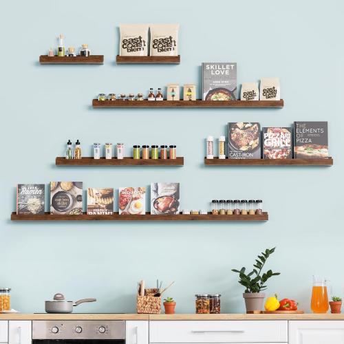 Vinyl Record Shelf Wall Mount, 6PC Album Record Holder Display, Wood Floating Shelves, Wood Ledges for Wall, 0ffice Wall Shelves, Album Shelves, Magazine Rack Walnut - 1x48In, 1x36In, 2x24In & 2x12In