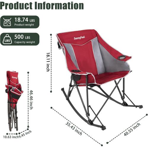 SUNNYFEEL Oversized Folding Rocking Camping Chair Fully Padded Patio Chair Red Portable Outdoor Rocker High Back Portable Lawn Recliner with Side Pocket Camp Rocker Chairs Heavy Duty 500 LBS