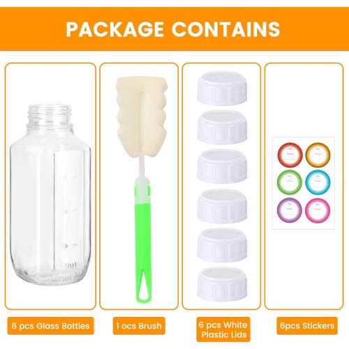 6 Pack 16oz Glass Juice Bottles with Lids, Reusable Milk Containers, Glass Drinking Jars for Juice, Bubble Tea, Smoothie, Tea, Kombucha