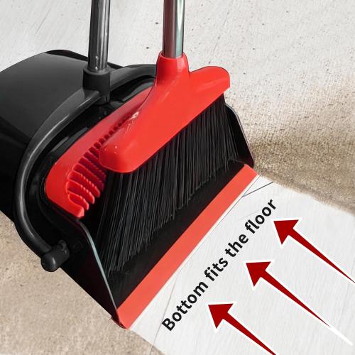 Broom with Dustpan Combo Set 54 Long Handle Adjustable Length Stainless Steel Broomstick Standing Dust Pan and Broom Set for Office Home Kitchen Lobby Floor Cleaning (Red and Black)