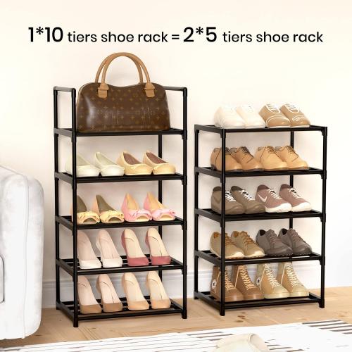 Narrow Shoe Rack 10 Tiers Tall Shoe Rack for Entryway 20 24 Pairs Shoe & Boots Organizer Storage Shelf Durable Black Metal Stackable Shoe Cabinet with Hooks, 17.1D x 11.8W x 78.7H in