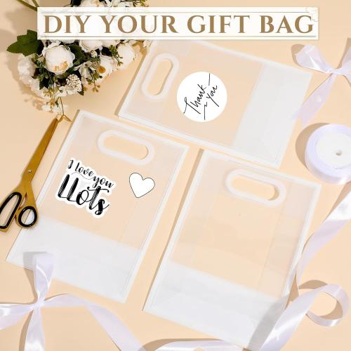 Aliceset 12 Pcs Clear Plastic Gift Bag with Die Cut Handles Reusable PP Favor Bag with Ribbon for Wedding Bridal Birthday Baby Shower Party Small Business, 7x10x3.15 Inch(White)