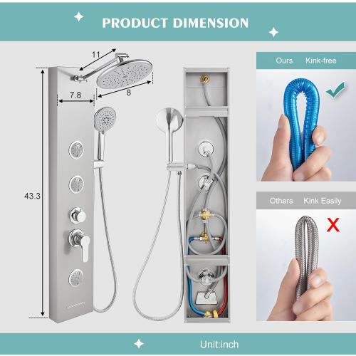 Shower Panel Tower System with Adjustable Shower Head, Self-Cleaning Shower Tower with 2-Setting Powerful Body Jets and 5-Function Handheld Shower, Shower Column Brushed Stainless Steel