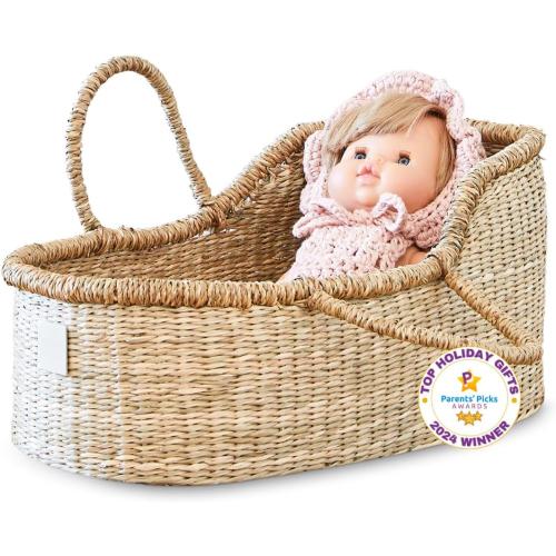 BEBE BASK Premium Baby Doll Bassinet - Handcrafted & Award-Winning Seagrass Moses Basket - Doll Carrier with Luxe Mattress