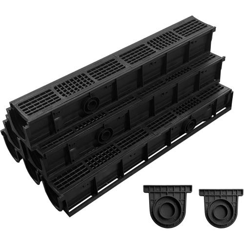 6 Pack 39.4x6.1x5.5in Driveway Channel Drain with HDPE Grate | B125 Deep Profile Heavy Duty Easy Cleaning Anti Corrosion Trench Ditch Drainage System Parking Lot Concrete Patio