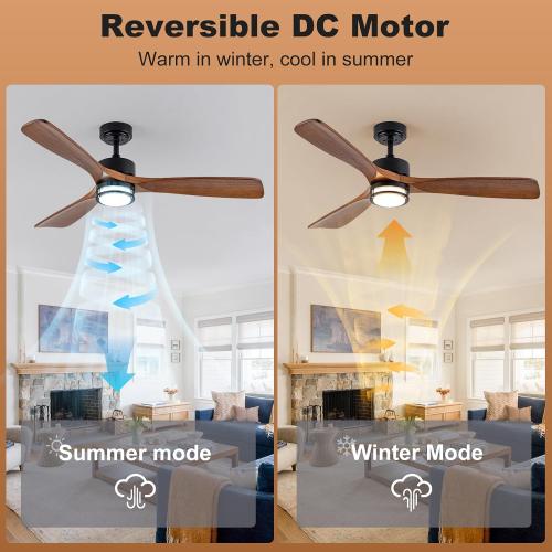 Size 52” Color Brown Outdoor Ceiling Fan with Light, 3 Walnut Solid Wood Blade, Remote Control, 3CCT Dimmable LED, Timer, 6-Speed Reversible Motor All-Weather Use for Living Room or Patio