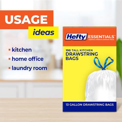 Hefty Essentials 13 Gallon Kitchen Trash Bags, White, Unscented, 120ct