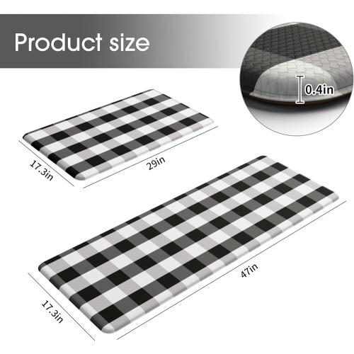MAYHMYO 2 PCS Anti Fatigue Rugs Non Skid Waterproof Floor Mat Cushioned Black and White Buffalo Plaid Farmhouse Comfort Standing Kitchen Mats for Floor, House, Sink, Office, 17.3x29 17.3x47