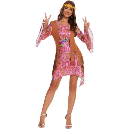 Womens 70s 60s Hippie Costume Set Tassels Disco 70s Outfits Accessories for Carnival Party and Halloween Party