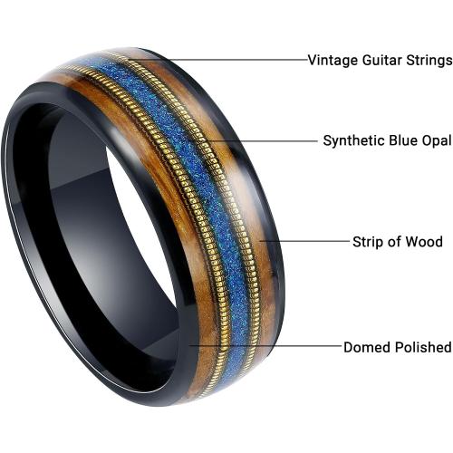 8mm Tungsten Rings for Men Black/Rose Gold Plated Men's Wedding Promise Bands with Meteorite/Dinosaur Bone/Opal/Wood/Guitar String Inlaid Hammer/Domed Polished Comfort Fit Size 7-14