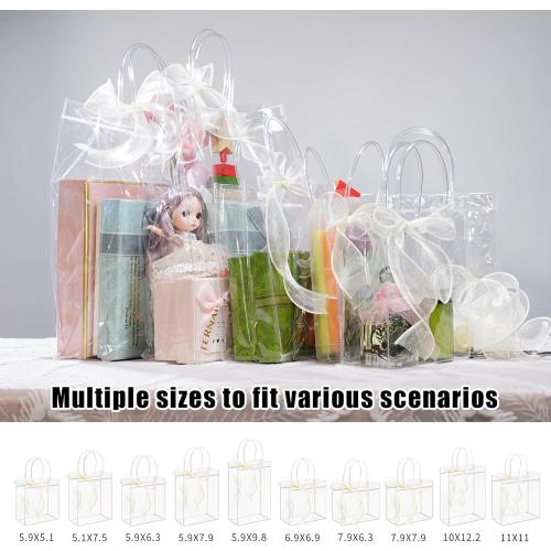 WDSHCR 80 PCS Clear Plastic Gift Bags with Handles, Party Favor Bags with Ribbons, Reusable Goodie Tote Bags for Wedding, Baby Shower, Birthday (Clear 5.1 x 7.5 x 3.1, 80 Pack)