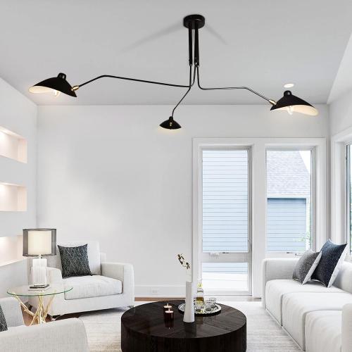 63 Mid-Century Modern Chandelier, Matt Black Adjustable 3-Arms Large Pendant Lighting Fixture for Bedroom Dining Room Living Room Kitchen Island 3-Light