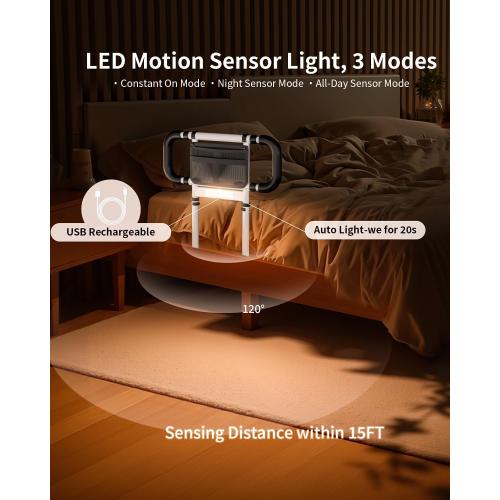 Color White Bed Rails for Elderly Adults Safety: Elderly Assistance Products with Adjustable Double Grips, Storage Pocket, Motion Sensor Light, Items for Elderly Bed Rail, Can Withstand 300lb(White)