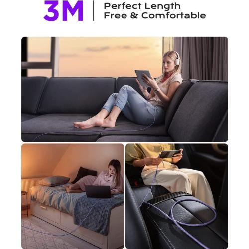 AINOPE 240W Long USB C Cable Multi 4 in 1 Charging Cable Fast Charging C Type Charger Fast Charge USB to USB C,Right Angle Fit iPhone 16 15 Pro Max iPad Samsung 10FT Purple