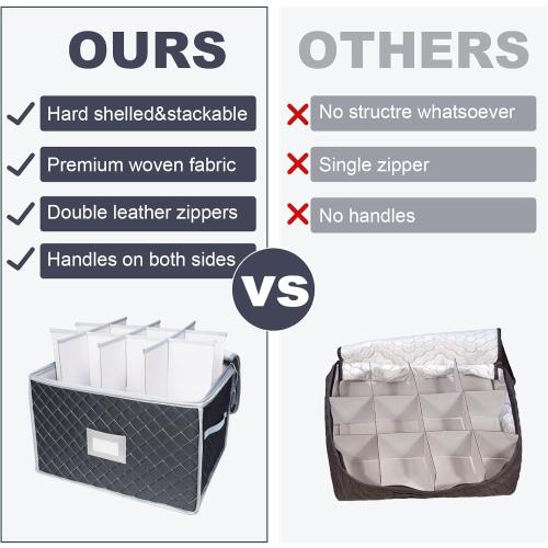 Wine Glass Storage Box with Dividers Holds 24 Stemware Storage Cases or China Crystal Glassware Containers with Handles and Lable Window (15.5 x 12.5x10)-Set of 2 Grey