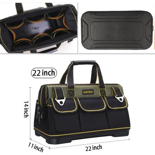 Size 22-inch Color Green and Black Wide Mouth Tool Bag with Water Proof Molded Base，Wide Mouth Tool Tote Bag,Waterproof Tool Organizer Bag for Men with Adjustable Shoulder Strap (22 inch)