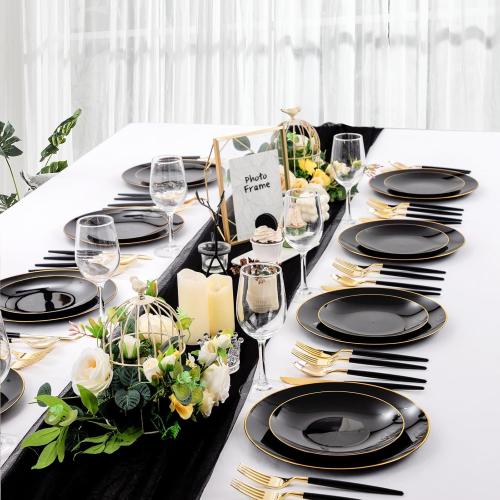 Nervure 100 Pieces Black Plastic Plates - 7.5inch Black Dessert Plates - Disposable Gold Plastic Plate - Disposable Plate Ideal for Wedding & Father's Day & New Year