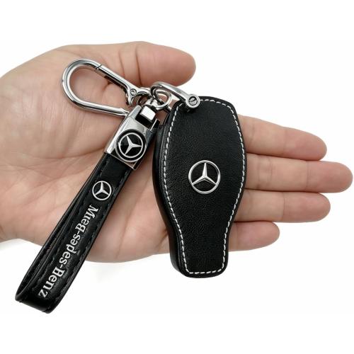 Leather Key Fob Cover for Mercedes-Benz, Full Protective Case with Metal Keychain, Compatible with LS CLK AMG CLK CLK GLC GLE GLS ML SL SLK A C E R S G Remote Key,(Style B: Black)