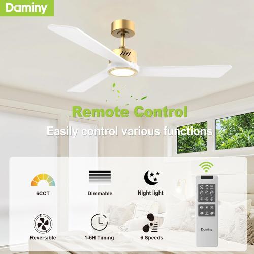 DAMINY Natural Solid Wood White and Gold 52 inch Ceiling Fan with Light,3 Blades,6CCT,Low Profile Ceiling Fan with Light and Remote Control