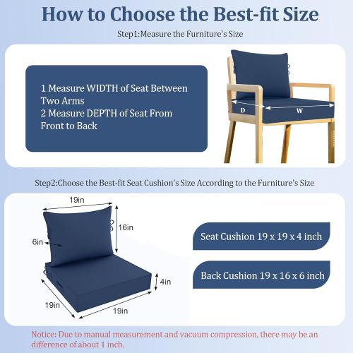 Outdoor Chair Cushion, 19 x 19 Inch Waterproof Deep Seat Patio Cushions Set of 2, Loveseat Cushions for Outdoor Furniture, 4'' Thick Patio Furniture Cushion with Handle Straps, Dark Blue