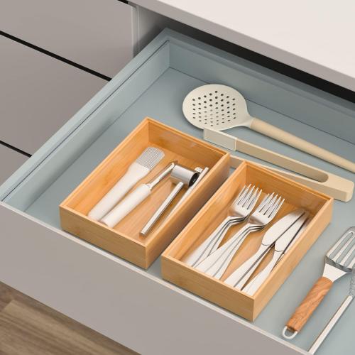 VeyFey Silverware Tray for Drawer, Stackable Kitchen Bamboo Drawer Organizer 9 x 6 x 2 Set of 2