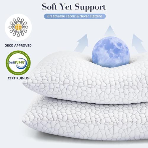 Yettbea Adjustable Shredded Memory Foam Pillows Queen Size Set of 2, Luxury Bamboo Cooling Pillow w/Washable Zippered Cover, Soft or Firm Support Bed Pillow for Side, Back, Stomach Sleeper