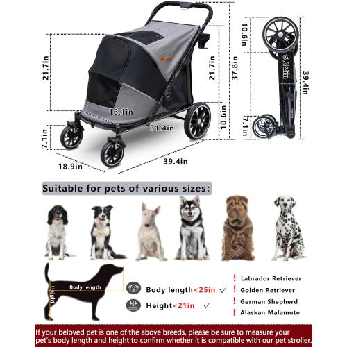 Dog Stroller for Large & Medium Dogs, Pet Stroller for 2 Dogs | 360° Wear-Resistant Wheels • Foldable Design • Breathable Mesh Windows • Heavy-Duty Construction • Fits 2 Dogs
