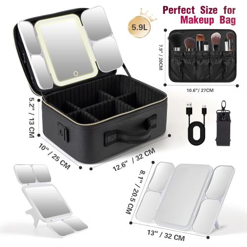 Mid-Size Makeup Bag with LED 1X5X10X20X30X Magnifying Mirror and Travel Makeup Train Case Cosmetic Organiser with Mirror and Separate Makeup Brush Panel, Portable Adjustable Divider, Black