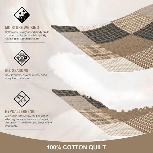 Plaid King Quilt Set - 100% Cotton Quilts, King Quilt Bedding Set, Farmhouse Patchwork Quilt, Lightweight Bedspread Coverlet for All Seasons, Brown, 3 Piece, 98x106