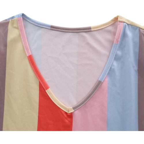 Size XL Color multi Womens Summer Multicolor V Neck Short Sleeves Casual Babydoll Knee-Length Dress Color Block Stripes Tiered Swing Mini Dresses