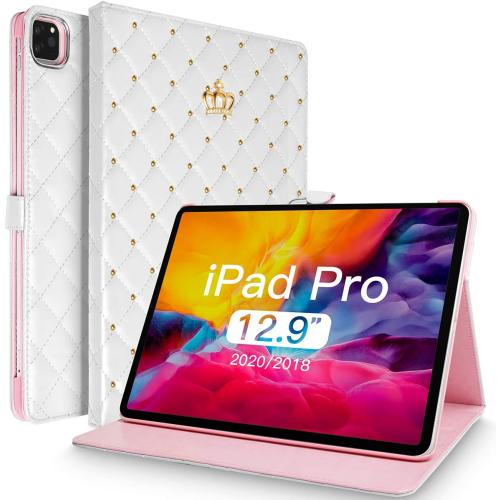 Topwin Cute Crown Case for iPad Pro 12.9-inch (6th & 5th Gen), Bling Diamond PU Leather Smart Auto Sleep/Wake Kickstand Shockproof Flip Case for 12.9 Pro (White)