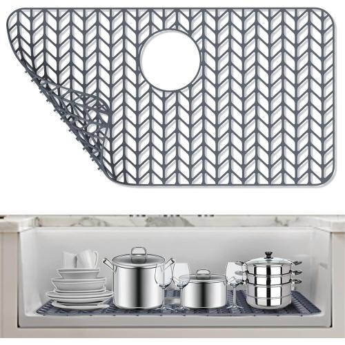 AWOKE Silicone Sink Protectors for Kitchen Sink, 26''x 14'' Folding Non-slip Sink Mat Grid, for Bottom of Farmhouse Stainless Steel Porcelain Sink with Rear Drain (Grey)