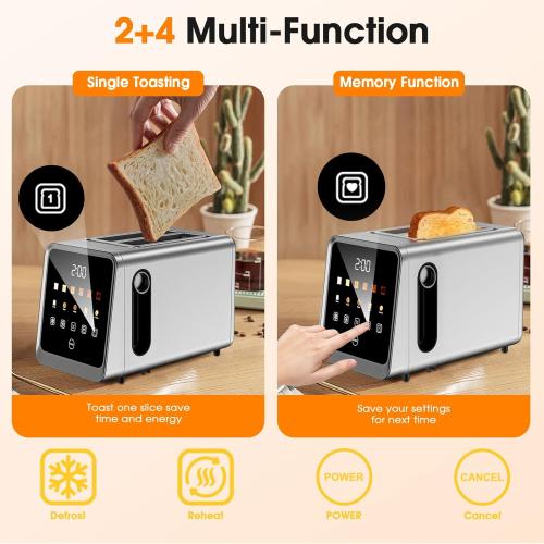 Toaster 2 Slice with Smart Digital Touchscreen & 1-Touch Memory | Stainless Steel 1.5 Extra-Wide Slots for Bagels & Artisan Bread | 900W for Fast, Even Toasting | Defrost, Reheat, Single-Slice Mode