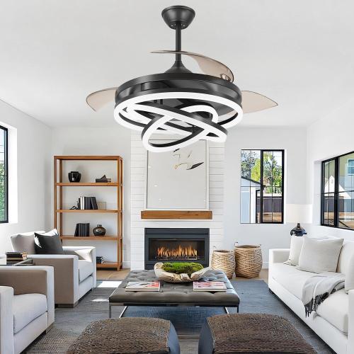 TXCSLY Retractable Ceiling Fan, 42 Inch Chandelier Ceiling Fans with Light, Modern Fandelier Ceiling Fan for Bedroom Living Room Dinning Room, Reverse Motor, 3 Color Temperature, 6 Wind Speed-Black
