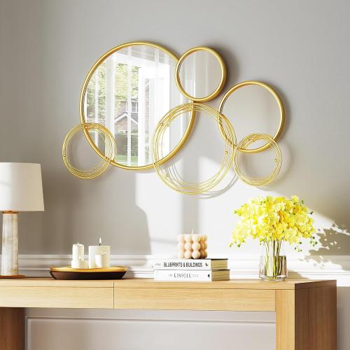 Uniclinens Modern Gold Round Mirror Decor - Large Sculpture Mirror for Living Room, Boho Wall Mirror Decor for Dining Room, Entryway, Hallway, Bedroom, 35X21