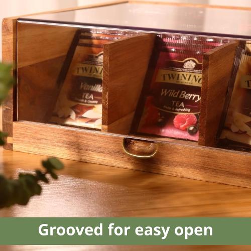 HTB Acacia Wood Tea Bag Organizer Storage, Gift Box 6 Compartments Tea Chest Box with Acrylic Transparent Hinged Lid