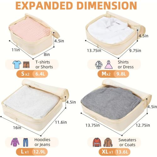 BAGAIL Set/6 Compression Packing Cubes Travel Accessories Expandable Packing Organizers (Square Mesh, 06-Beige)