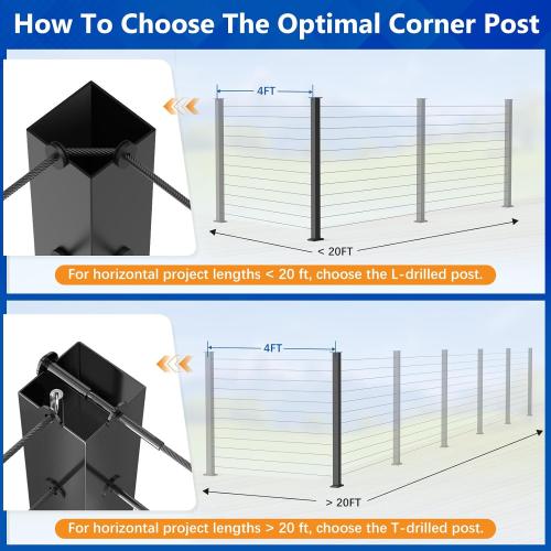 2Pack 42 T304 Stainless Steel T-Drilled Corner Post Cable Railing Black(Post 41x2x2), 3-Sides Flat Top One-Post Corner Solution, 90° Drilled Post with Cable Grommets for Corner Railing