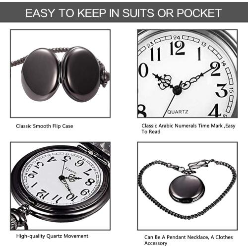 BLACK RORIOS Pocket Watch Vintage Steel Mens Womens Pocket Watches Smooth Case Arabic Numbers Modern Quartz Pocket Watch with Chain